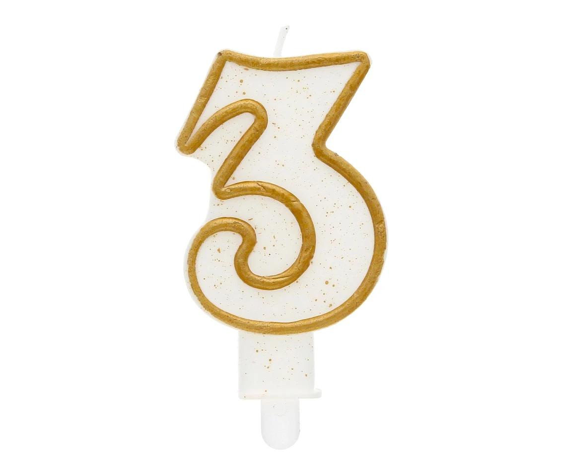 Digit candle "3", gold outline, 8 cm